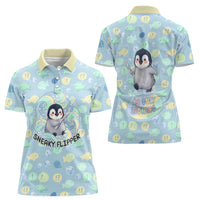 Sneaky Flipper Cute Penguin Holding Knife Women Polo Shirt Funny Chibi Penguin Graphic With Ice And Fish Pattern