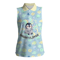 Sneaky Flipper Cute Penguin Holding Knife Women Sleeveless Polo Shirt Funny Chibi Penguin Graphic With Ice And Fish Pattern