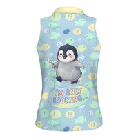 Sneaky Flipper Cute Penguin Holding Knife Women Sleeveless Polo Shirt Funny Chibi Penguin Graphic With Ice And Fish Pattern