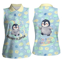 Sneaky Flipper Cute Penguin Holding Knife Women Sleeveless Polo Shirt Funny Chibi Penguin Graphic With Ice And Fish Pattern