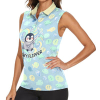 Sneaky Flipper Cute Penguin Holding Knife Women Sleeveless Polo Shirt Funny Chibi Penguin Graphic With Ice And Fish Pattern