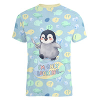 Sneaky Flipper Cute Penguin Holding Knife Women V-Neck T-Shirt Funny Chibi Penguin Graphic With Ice And Fish Pattern
