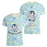 Sneaky Flipper Cute Penguin Holding Knife Women V-Neck T-Shirt Funny Chibi Penguin Graphic With Ice And Fish Pattern