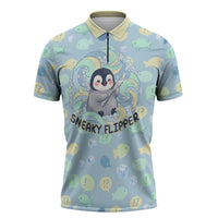 Sneaky Flipper Cute Penguin Holding Knife Zipper Polo Shirt Funny Chibi Penguin Graphic With Ice And Fish Pattern