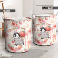Sweet Crime Cute Penguin Holding Knife Laundry Basket Funny Strawberry Cake Graphic With Pastel Dessert Pattern