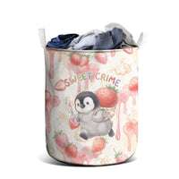 Sweet Crime Cute Penguin Holding Knife Laundry Basket Funny Strawberry Cake Graphic With Pastel Dessert Pattern