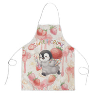 Sweet Crime Cute Penguin Holding Knife Apron Funny Strawberry Cake Graphic With Pastel Dessert Pattern