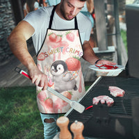 Sweet Crime Cute Penguin Holding Knife Apron Funny Strawberry Cake Graphic With Pastel Dessert Pattern