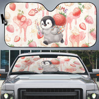 Sweet Crime Cute Penguin Holding Knife Auto Sun Shade Funny Strawberry Cake Graphic With Pastel Dessert Pattern