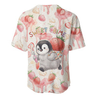Sweet Crime Cute Penguin Holding Knife Baseball Jersey Funny Strawberry Cake Graphic With Pastel Dessert Pattern