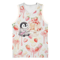 Sweet Crime Cute Penguin Holding Knife Basketball Jersey Funny Strawberry Cake Graphic With Pastel Dessert Pattern