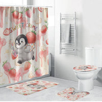 Sweet Crime Cute Penguin Holding Knife Bathroom Set Funny Strawberry Cake Graphic With Pastel Dessert Pattern