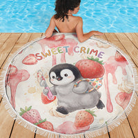Sweet Crime Cute Penguin Holding Knife Beach Blanket Funny Strawberry Cake Graphic With Pastel Dessert Pattern