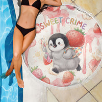 Sweet Crime Cute Penguin Holding Knife Beach Blanket Funny Strawberry Cake Graphic With Pastel Dessert Pattern