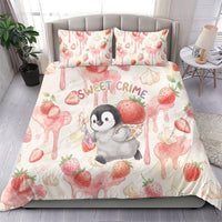 Sweet Crime Cute Penguin Holding Knife Bedding Set Funny Strawberry Cake Graphic With Pastel Dessert Pattern
