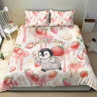 Sweet Crime Cute Penguin Holding Knife Bedding Set Funny Strawberry Cake Graphic With Pastel Dessert Pattern