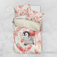 Sweet Crime Cute Penguin Holding Knife Bedding Set Funny Strawberry Cake Graphic With Pastel Dessert Pattern