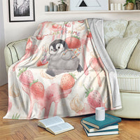 Sweet Crime Cute Penguin Holding Knife Blanket Funny Strawberry Cake Graphic With Pastel Dessert Pattern