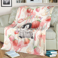 Sweet Crime Cute Penguin Holding Knife Blanket Funny Strawberry Cake Graphic With Pastel Dessert Pattern
