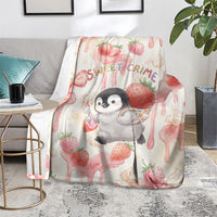 Sweet Crime Cute Penguin Holding Knife Blanket Funny Strawberry Cake Graphic With Pastel Dessert Pattern
