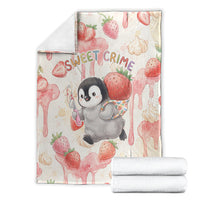 Sweet Crime Cute Penguin Holding Knife Blanket Funny Strawberry Cake Graphic With Pastel Dessert Pattern