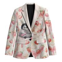 Sweet Crime Cute Penguin Holding Knife Blazer Funny Strawberry Cake Graphic With Pastel Dessert Pattern