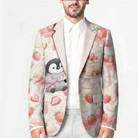 Sweet Crime Cute Penguin Holding Knife Blazer Funny Strawberry Cake Graphic With Pastel Dessert Pattern