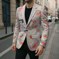 Sweet Crime Cute Penguin Holding Knife Blazer Funny Strawberry Cake Graphic With Pastel Dessert Pattern