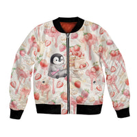 Sweet Crime Cute Penguin Holding Knife Bomber Jacket Funny Strawberry Cake Graphic With Pastel Dessert Pattern