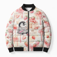 Sweet Crime Cute Penguin Holding Knife Bomber Puffer Jacket Funny Strawberry Cake Graphic With Pastel Dessert Pattern