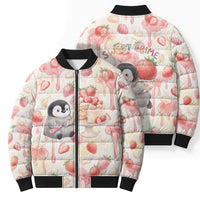 Sweet Crime Cute Penguin Holding Knife Bomber Puffer Jacket Funny Strawberry Cake Graphic With Pastel Dessert Pattern