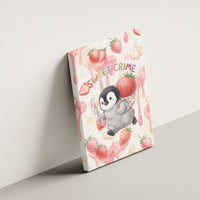 Sweet Crime Cute Penguin Holding Knife Canvas Wall Art Funny Strawberry Cake Graphic With Pastel Dessert Pattern