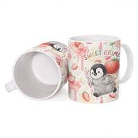 Sweet Crime Cute Penguin Holding Knife Ceramic Mug Funny Strawberry Cake Graphic With Pastel Dessert Pattern
