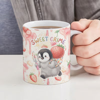Sweet Crime Cute Penguin Holding Knife Ceramic Mug Funny Strawberry Cake Graphic With Pastel Dessert Pattern