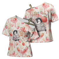 Sweet Crime Cute Penguin Holding Knife Cross Shoulder Shirt Funny Strawberry Cake Graphic With Pastel Dessert Pattern