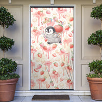 Sweet Crime Cute Penguin Holding Knife Door Cover Funny Strawberry Cake Graphic With Pastel Dessert Pattern