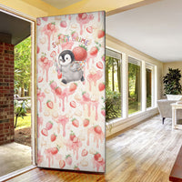 Sweet Crime Cute Penguin Holding Knife Door Cover Funny Strawberry Cake Graphic With Pastel Dessert Pattern