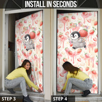 Sweet Crime Cute Penguin Holding Knife Door Cover Funny Strawberry Cake Graphic With Pastel Dessert Pattern