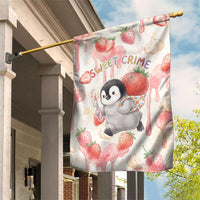 Sweet Crime Cute Penguin Holding Knife Garden Flag Funny Strawberry Cake Graphic With Pastel Dessert Pattern