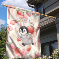 Sweet Crime Cute Penguin Holding Knife Garden Flag Funny Strawberry Cake Graphic With Pastel Dessert Pattern