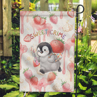 Sweet Crime Cute Penguin Holding Knife Garden Flag Funny Strawberry Cake Graphic With Pastel Dessert Pattern