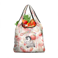 Sweet Crime Cute Penguin Holding Knife Grocery Bag Funny Strawberry Cake Graphic With Pastel Dessert Pattern