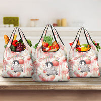 Sweet Crime Cute Penguin Holding Knife Grocery Bag Funny Strawberry Cake Graphic With Pastel Dessert Pattern