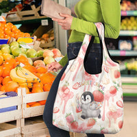 Sweet Crime Cute Penguin Holding Knife Grocery Bag Funny Strawberry Cake Graphic With Pastel Dessert Pattern