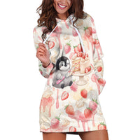 Sweet Crime Cute Penguin Holding Knife Hoodie Dress Funny Strawberry Cake Graphic With Pastel Dessert Pattern