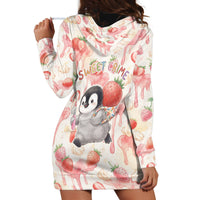 Sweet Crime Cute Penguin Holding Knife Hoodie Dress Funny Strawberry Cake Graphic With Pastel Dessert Pattern