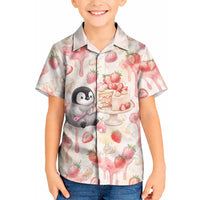 Sweet Crime Cute Penguin Holding Knife Kid Hawaiian Shirt Funny Strawberry Cake Graphic With Pastel Dessert Pattern