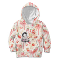 Sweet Crime Cute Penguin Holding Knife Kid Hoodie Funny Strawberry Cake Graphic With Pastel Dessert Pattern