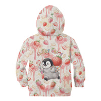 Sweet Crime Cute Penguin Holding Knife Kid Hoodie Funny Strawberry Cake Graphic With Pastel Dessert Pattern