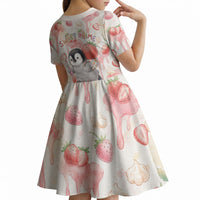 Sweet Crime Cute Penguin Holding Knife Kid Short Sleeve Dress Funny Strawberry Cake Graphic With Pastel Dessert Pattern